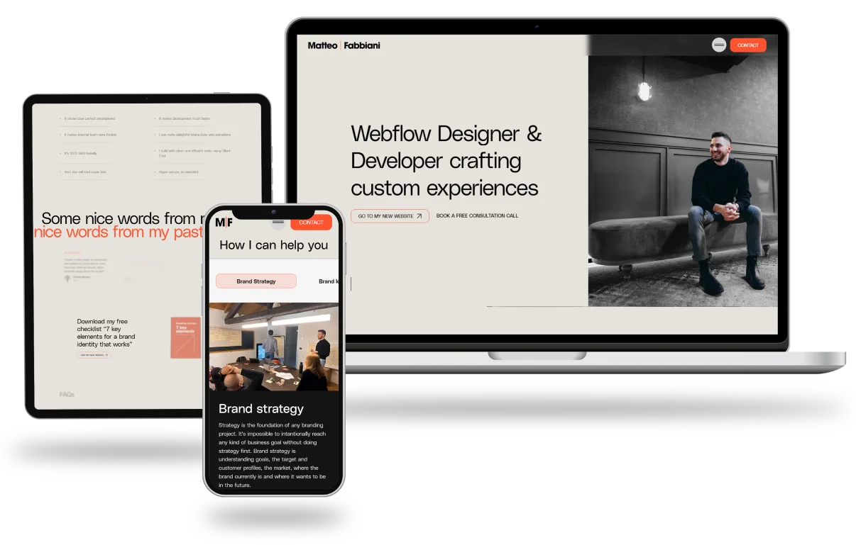 Portfolio website by Matteo | Fabbiani displayed on tablet, phone, and laptop