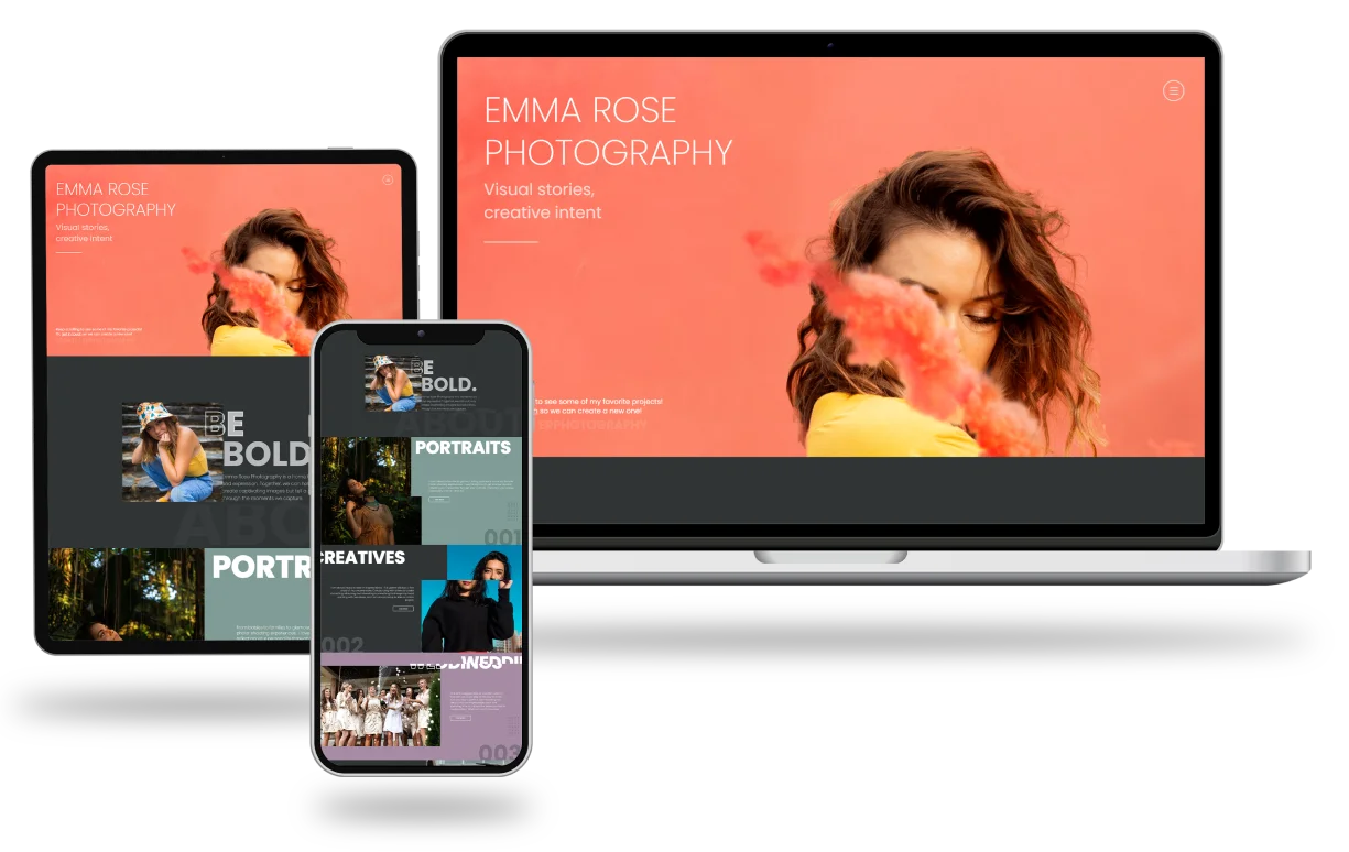 Emma Rose Photography website with vibrant portraits and creative visuals on various screens